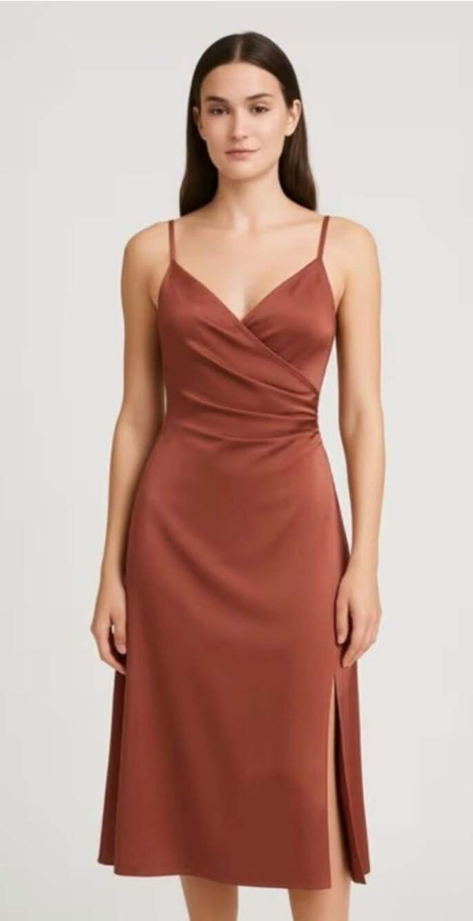 Cider Satin Cowl Neck Ruched Slit Maxi Dress Terracotta Brown XL
